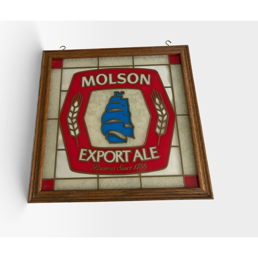 Vintage Molson Export Ale Faux Stained Glass Beer Sign Wood Frame 15.5" Bar